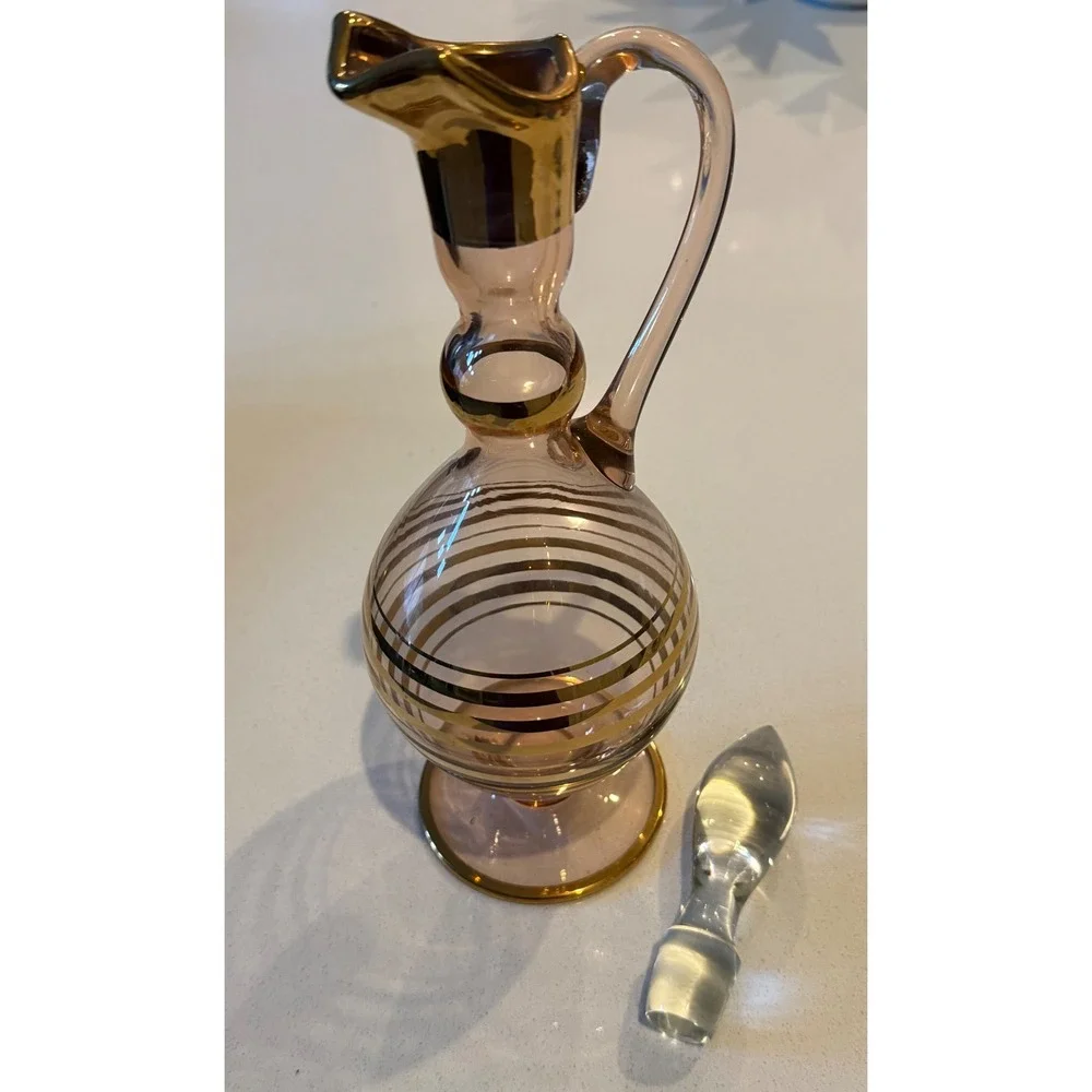 Vintage Pink Glass Decanter Gold Striped Cruet with‎ Stopper Mid Century Modern